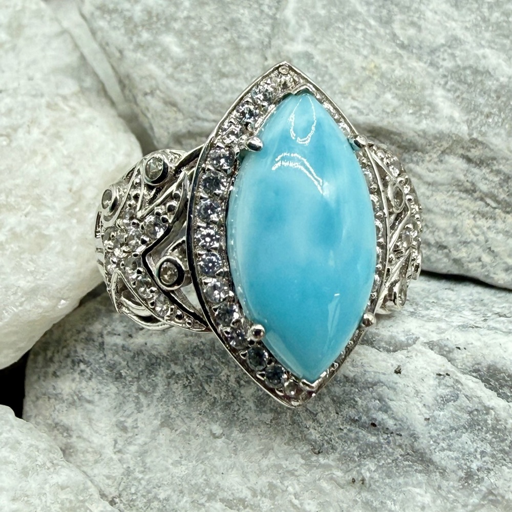 Larimar Zircon Starfish Ring Platinum Over 925 Silver Sz 10 Caribbean Style 8ctw
